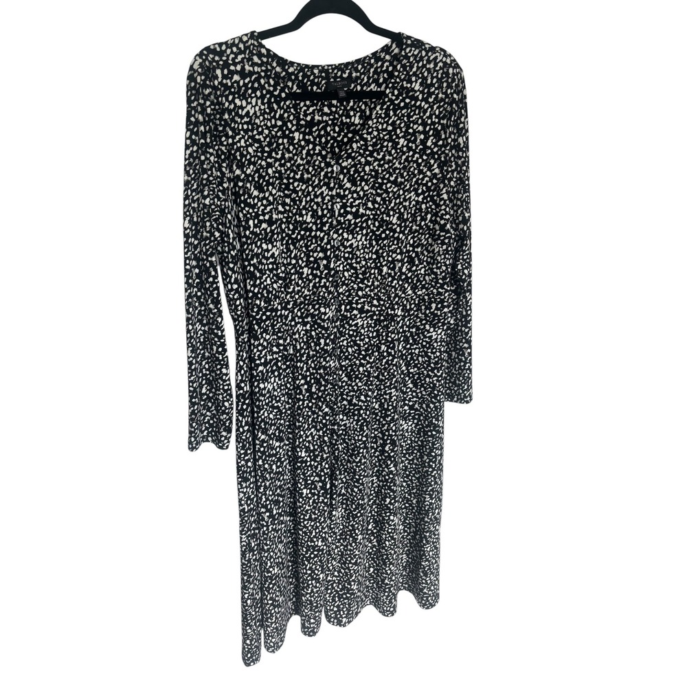 Talbots Petite XL Black White Animal Print Button Front Long Sleeve Midi Dress